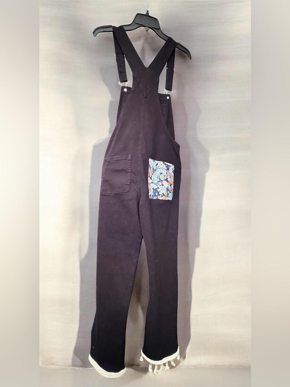 ALOHA REFASHIONED BLACK BOHO OVERALLS WITH FLORAL POCKETS & TASSEL TRIM - Picture 2 of 2